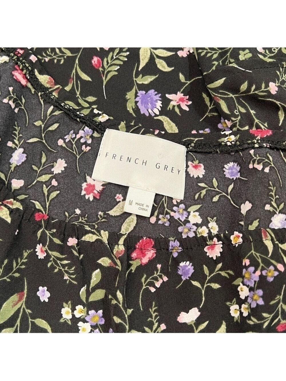 French Grey NEW One Shoulder Ruffle Dress Medium Large Dark Floral Black Boho - Picture 7 of 8